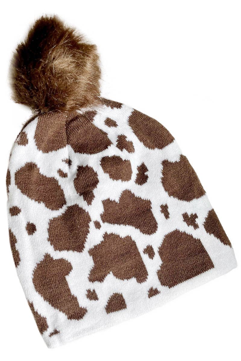 Cap Zone - Cow Print Fuzzy Faux Fur Pom Pom Short Beanie