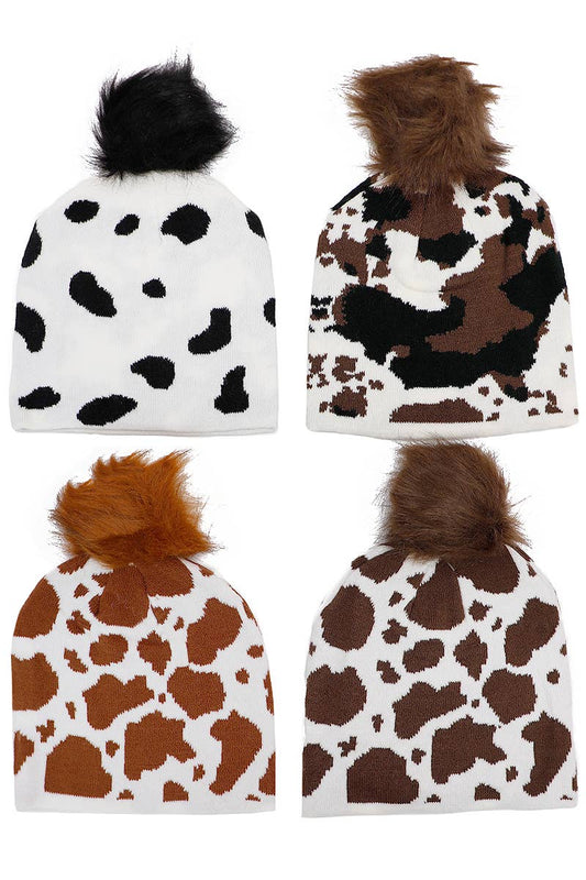 Cap Zone - Cow Print Fuzzy Faux Fur Pom Pom Short Beanie