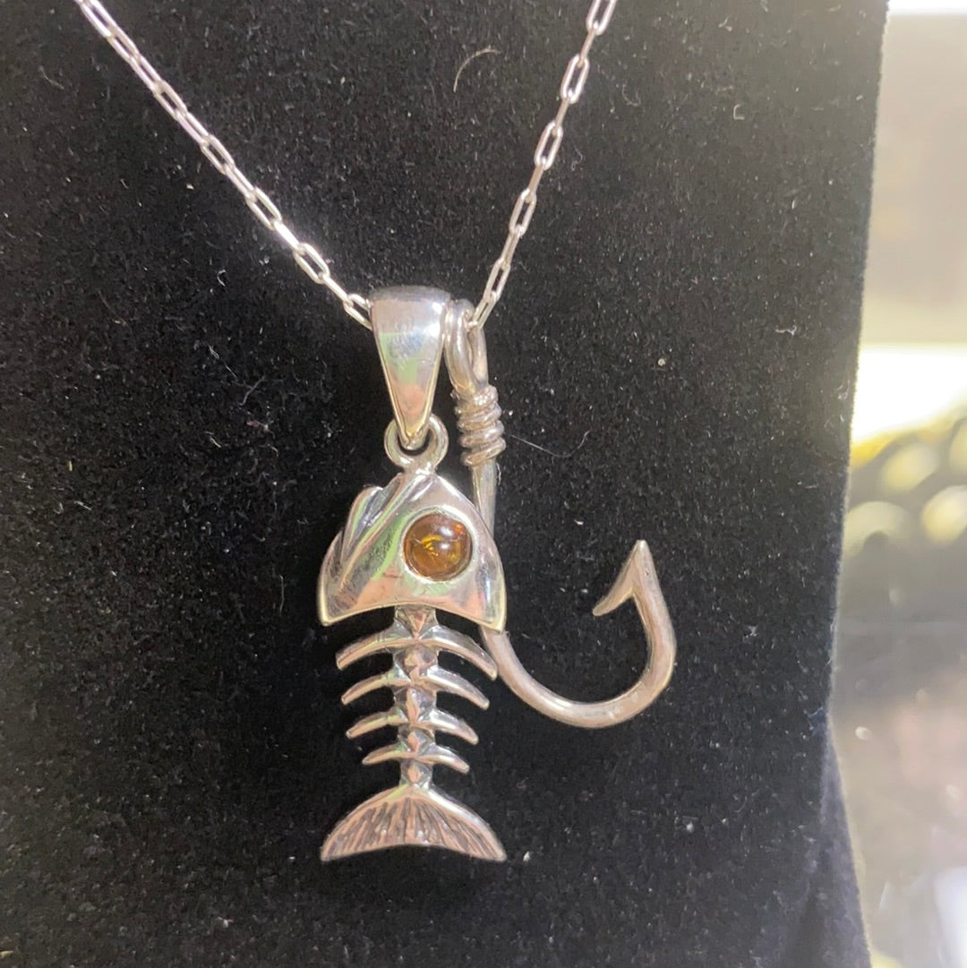 Sterling Silver and Amber Fish and Hook Pendant  Back Country Trading Post